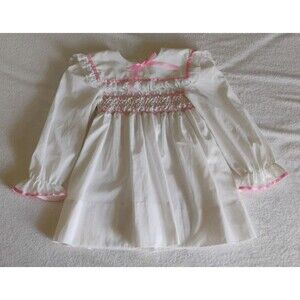 Vtg Polly Flinders Dress Girls White Polka Dot Pink Trim Smocked Collared 12m